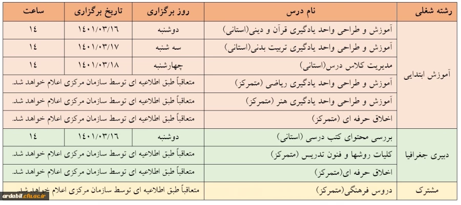 برنامه امتحانات پودمان دوم مهارت آموزان «سری پنجم»