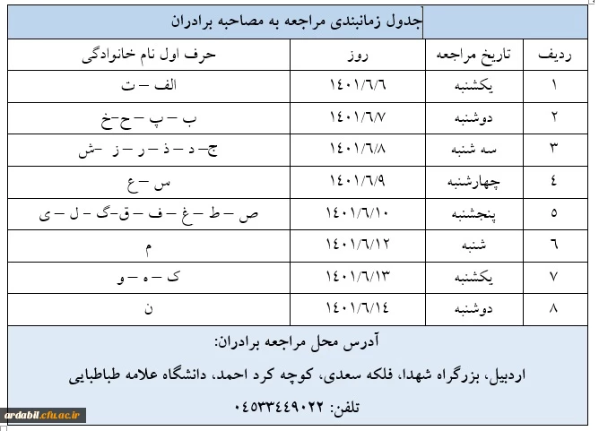 جدول زمان بندی برادران